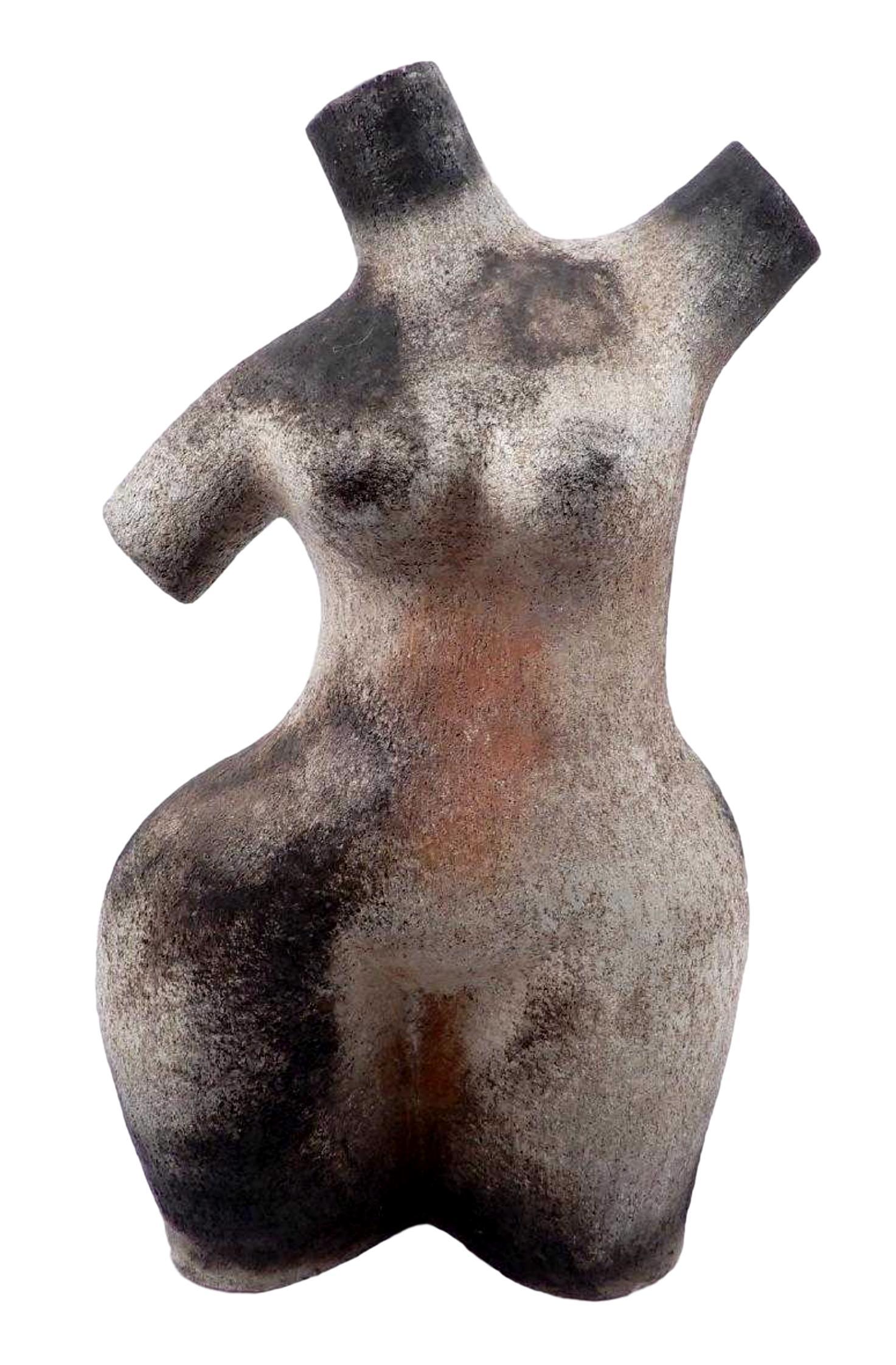Stunning female torso sculpture with great coloring. Raku pottery is created by a low-firing process of removing pottery from the kiln while at bright red heat and placing into a container with combustible materials. These materials ignite and