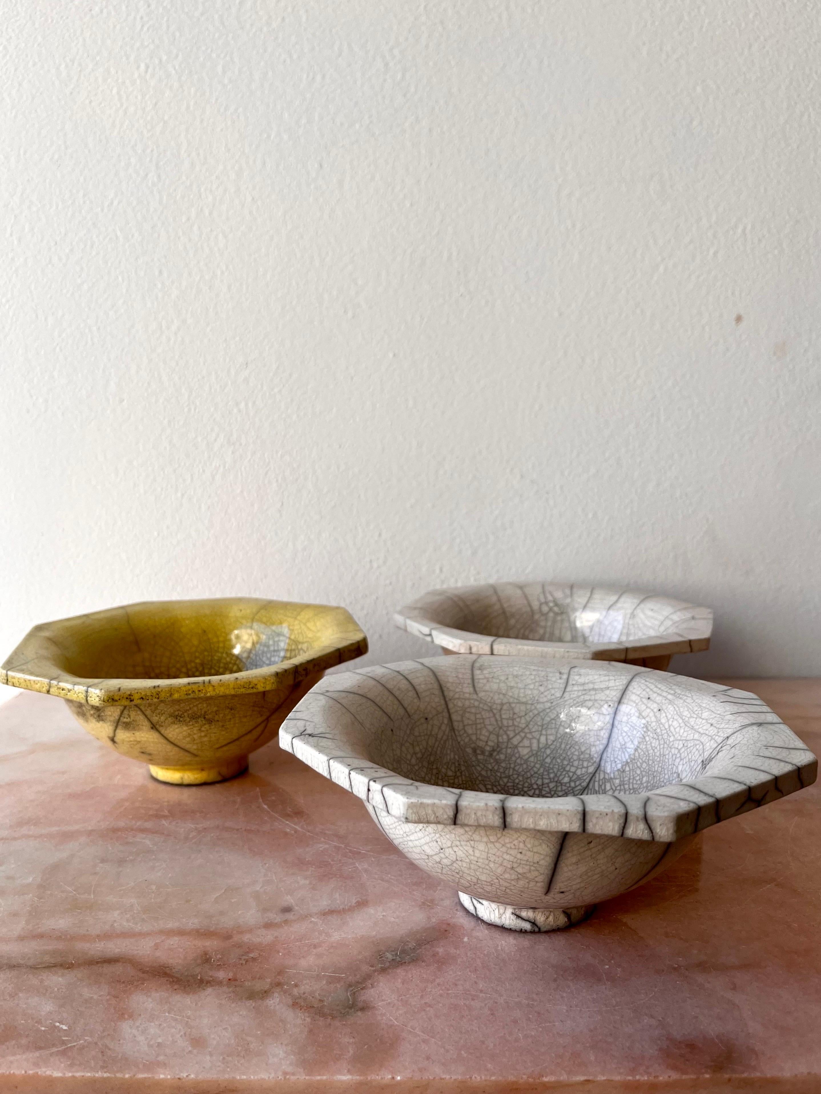 Stoneware Raku-Fired square and octagonal bowls, handmade, slab-built stoneware For Sale