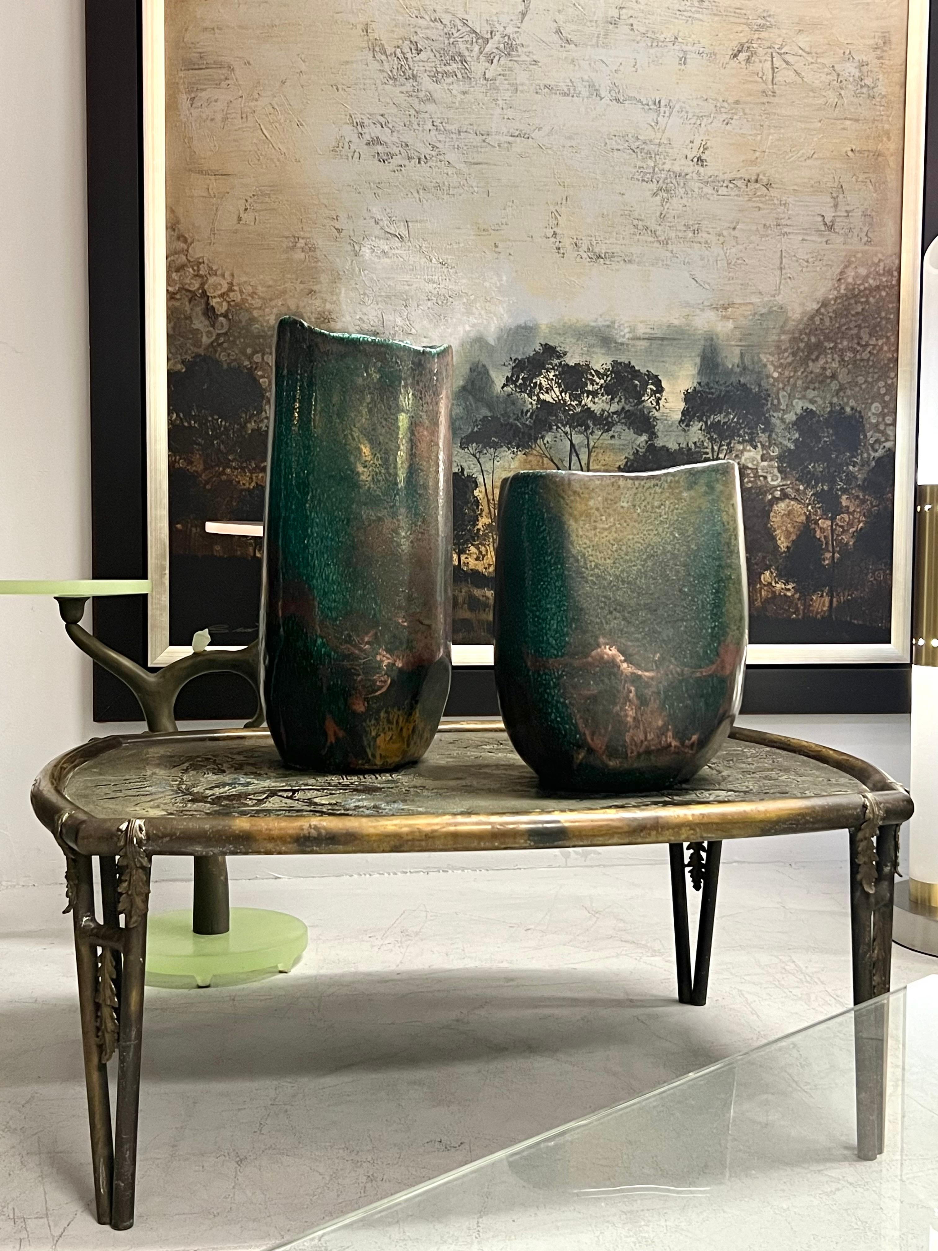 American Raku Pair of Monumental Ceramic Vases with Metallic Glaze For Sale