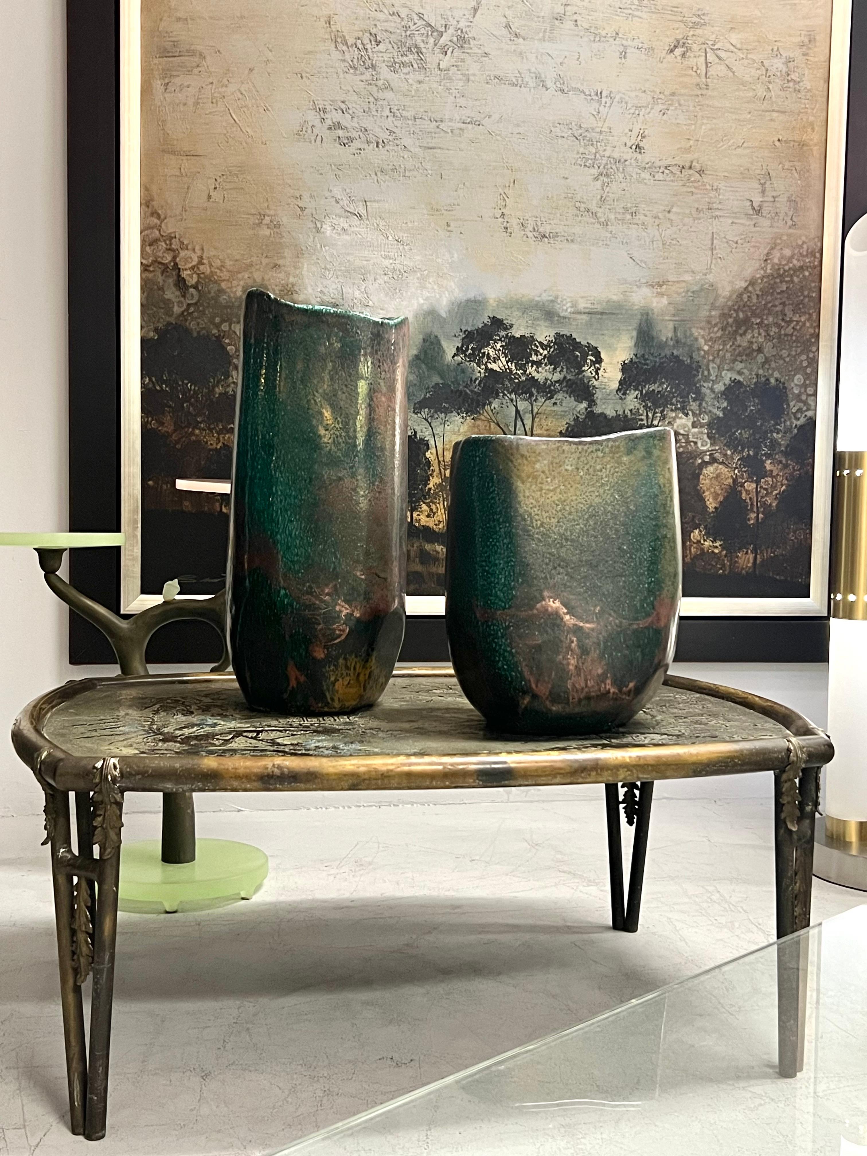 Raku Pair of Monumental Ceramic Vases with Metallic Glaze In Excellent Condition In Miami, FL