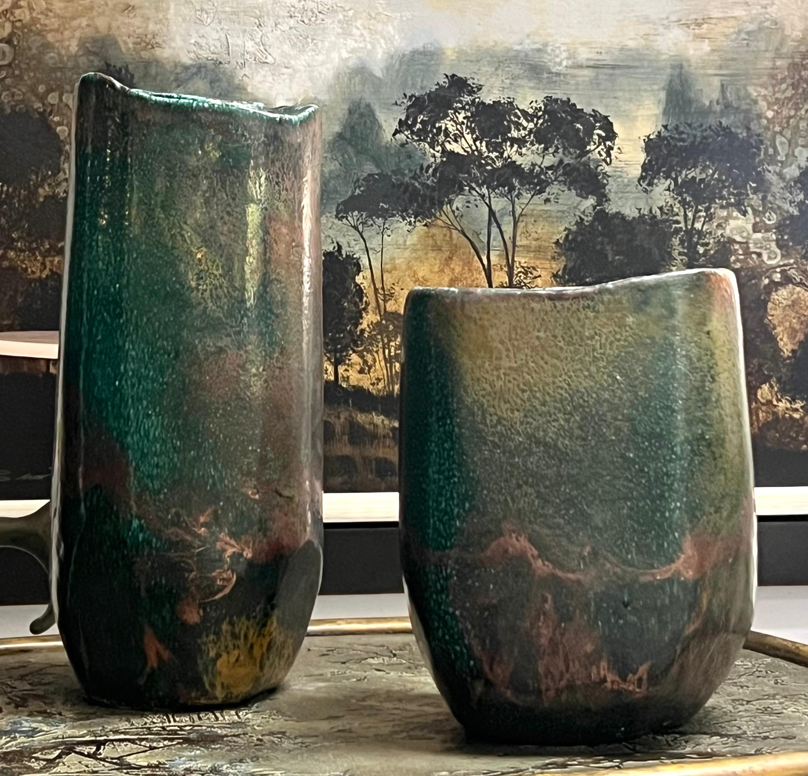 Raku Pair of Monumental Ceramic Vases with Metallic Glaze For Sale 1