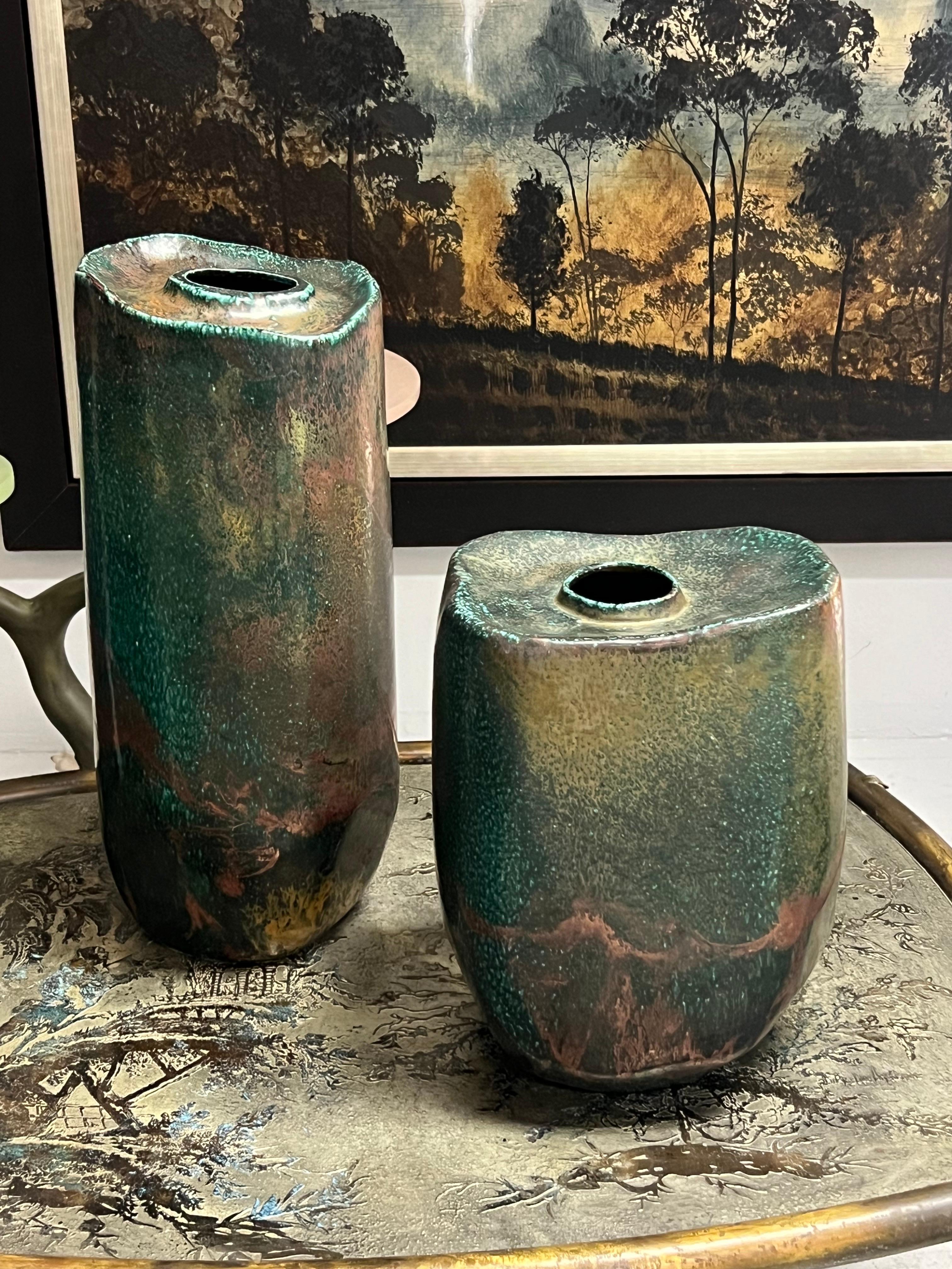 Raku Pair of Monumental Ceramic Vases with Metallic Glaze For Sale 3
