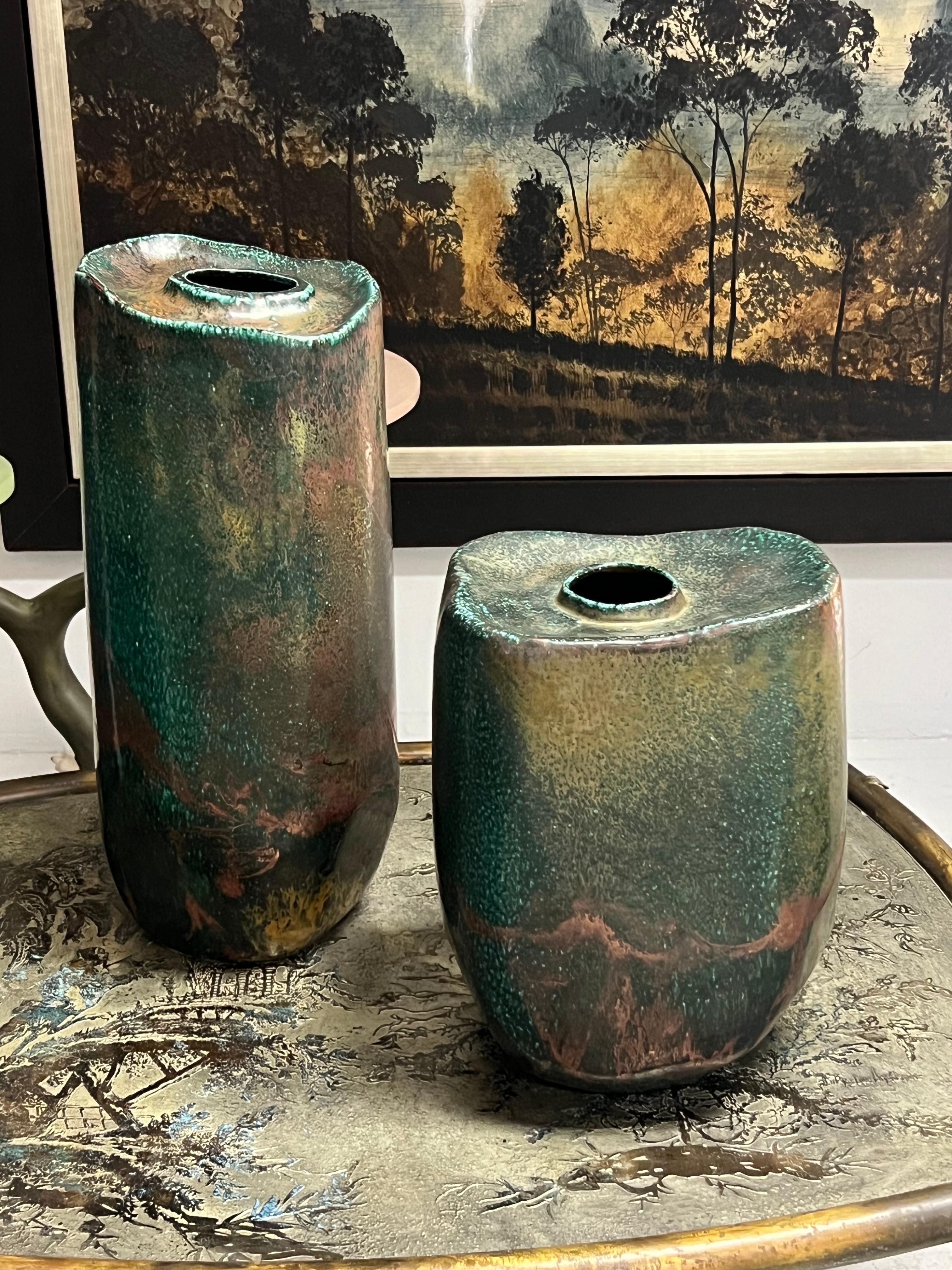 Raku Pair of Monumental Ceramic Vases with Metallic Glaze 3