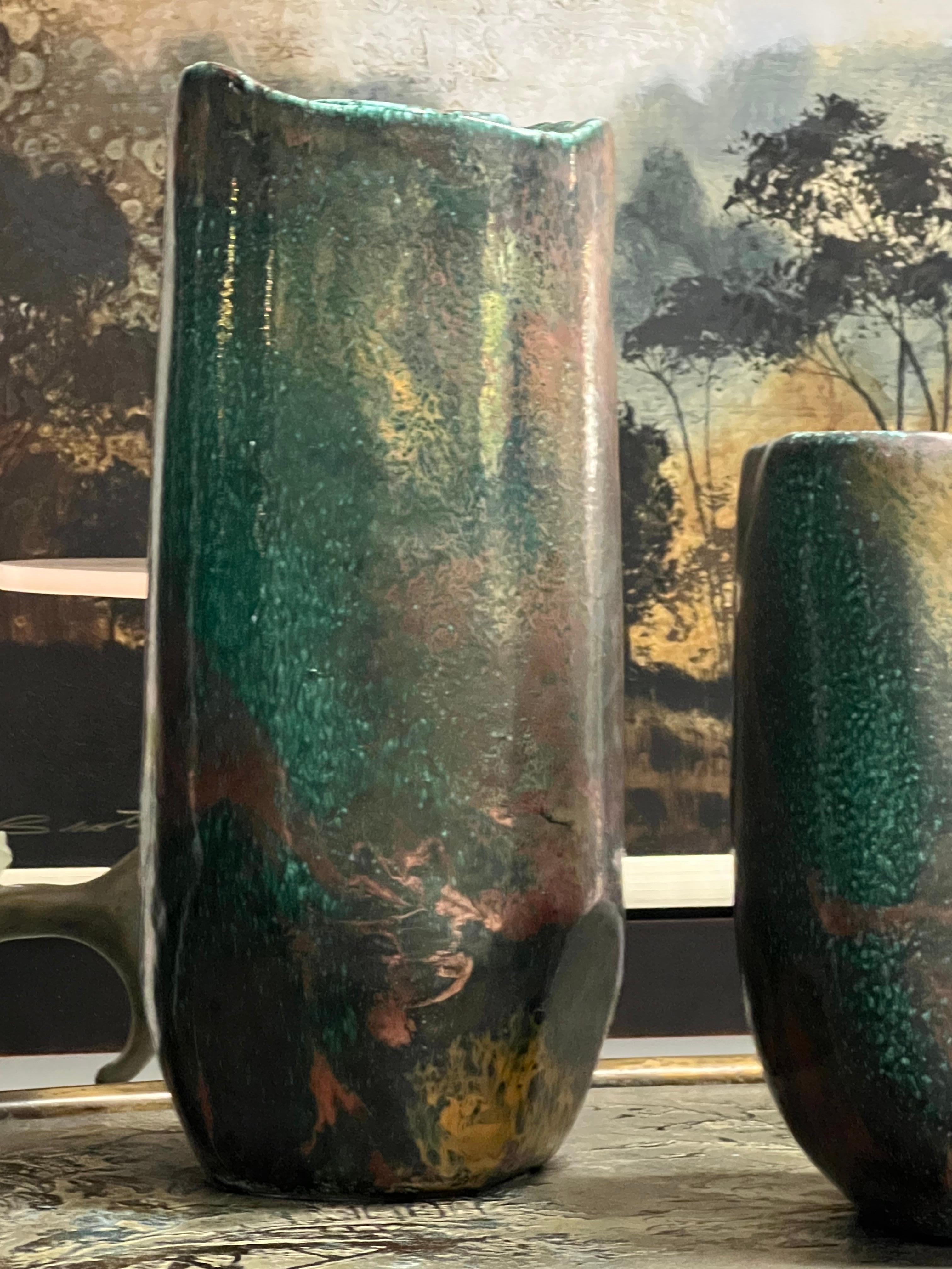 Raku Pair of Monumental Ceramic Vases with Metallic Glaze 4