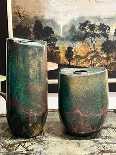 Raku Pair of Monumental Ceramic Vases with Metallic Glaze