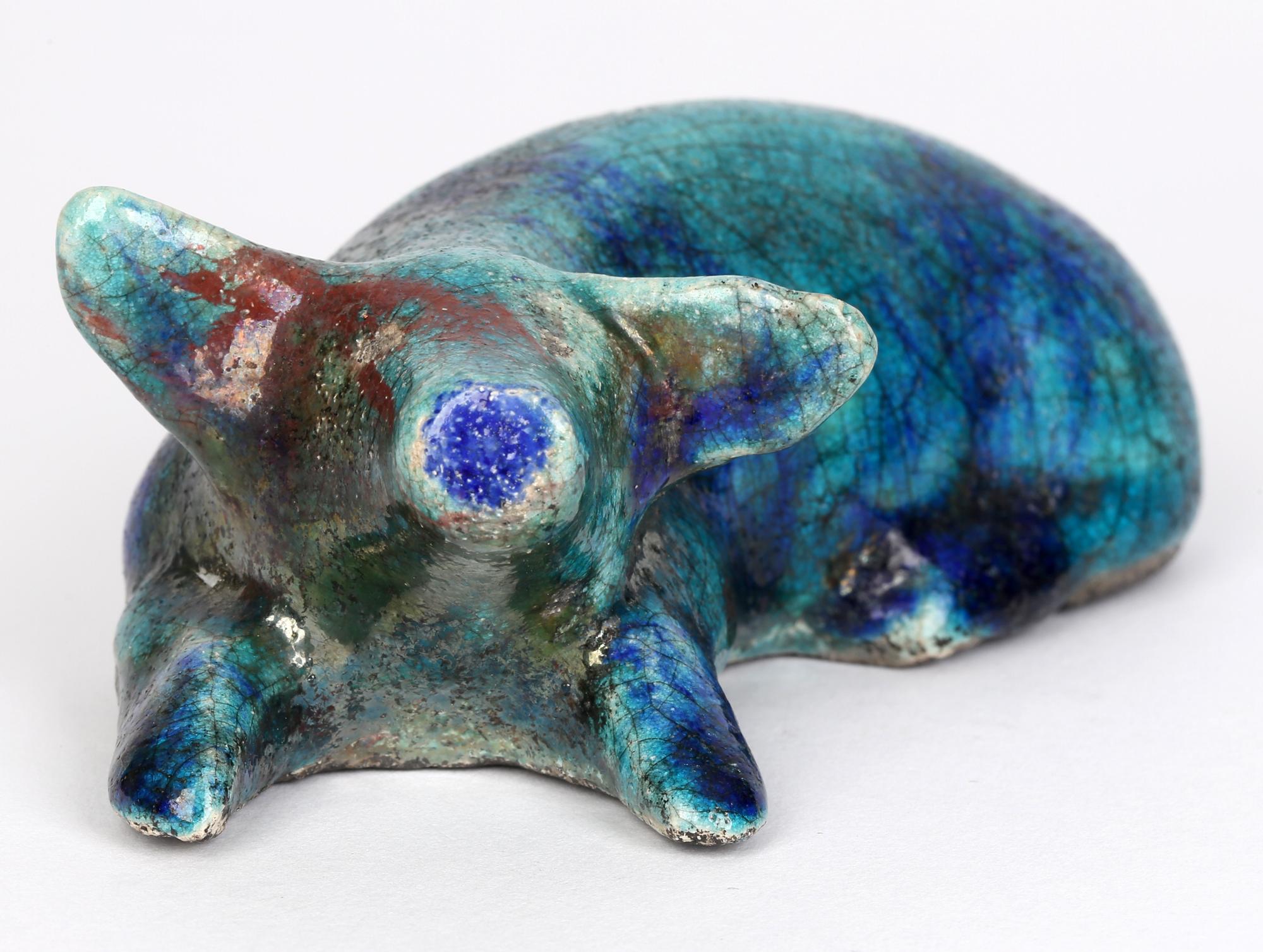 British Raku Turquoise Glazed Studio Pottery Resting Pig Figure For Sale