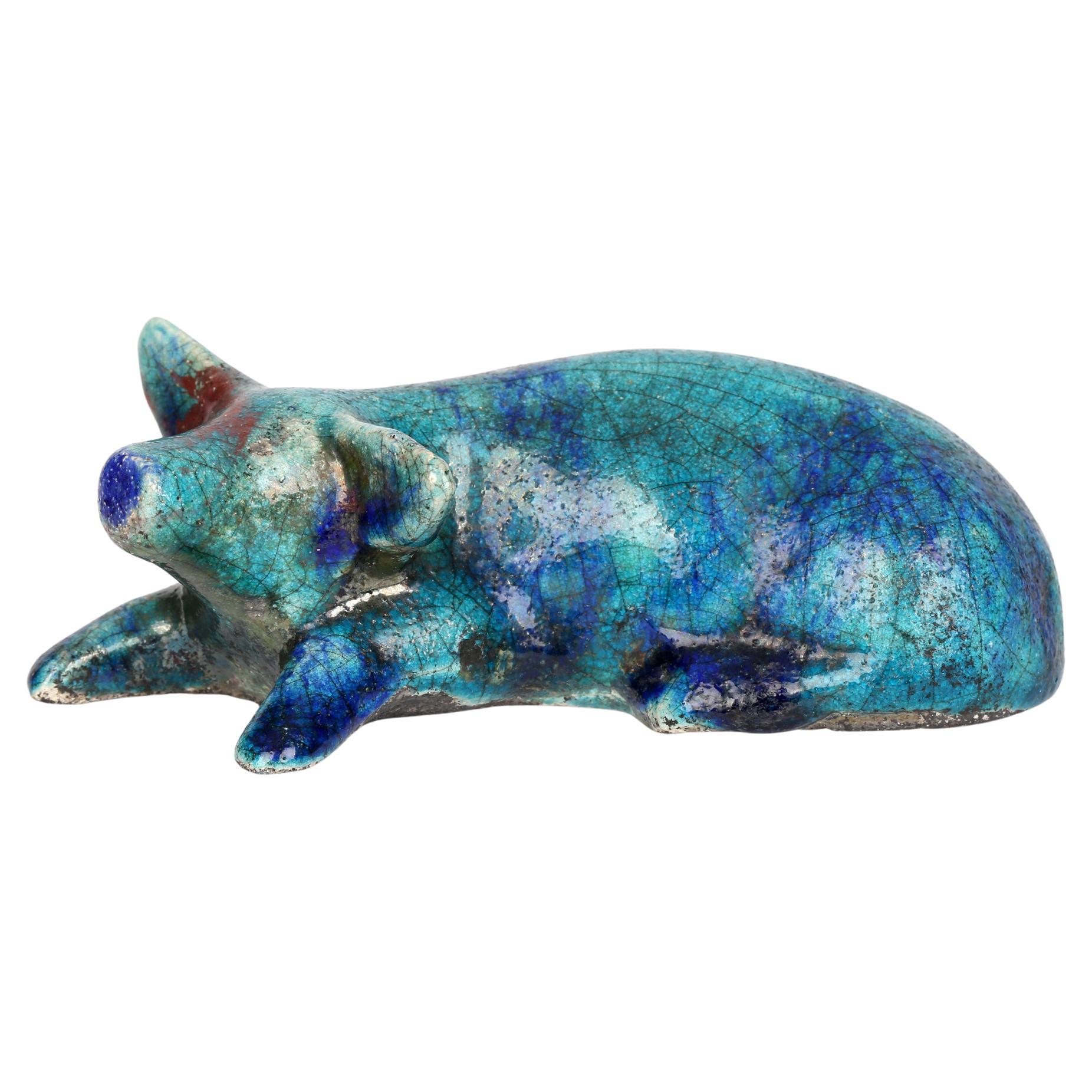 Raku Turquoise Glazed Studio Pottery Resting Pig Figure