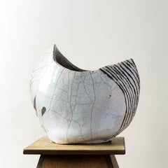 Vase Raku moderne du milieu du siècle dernier en céramique blanche et noire