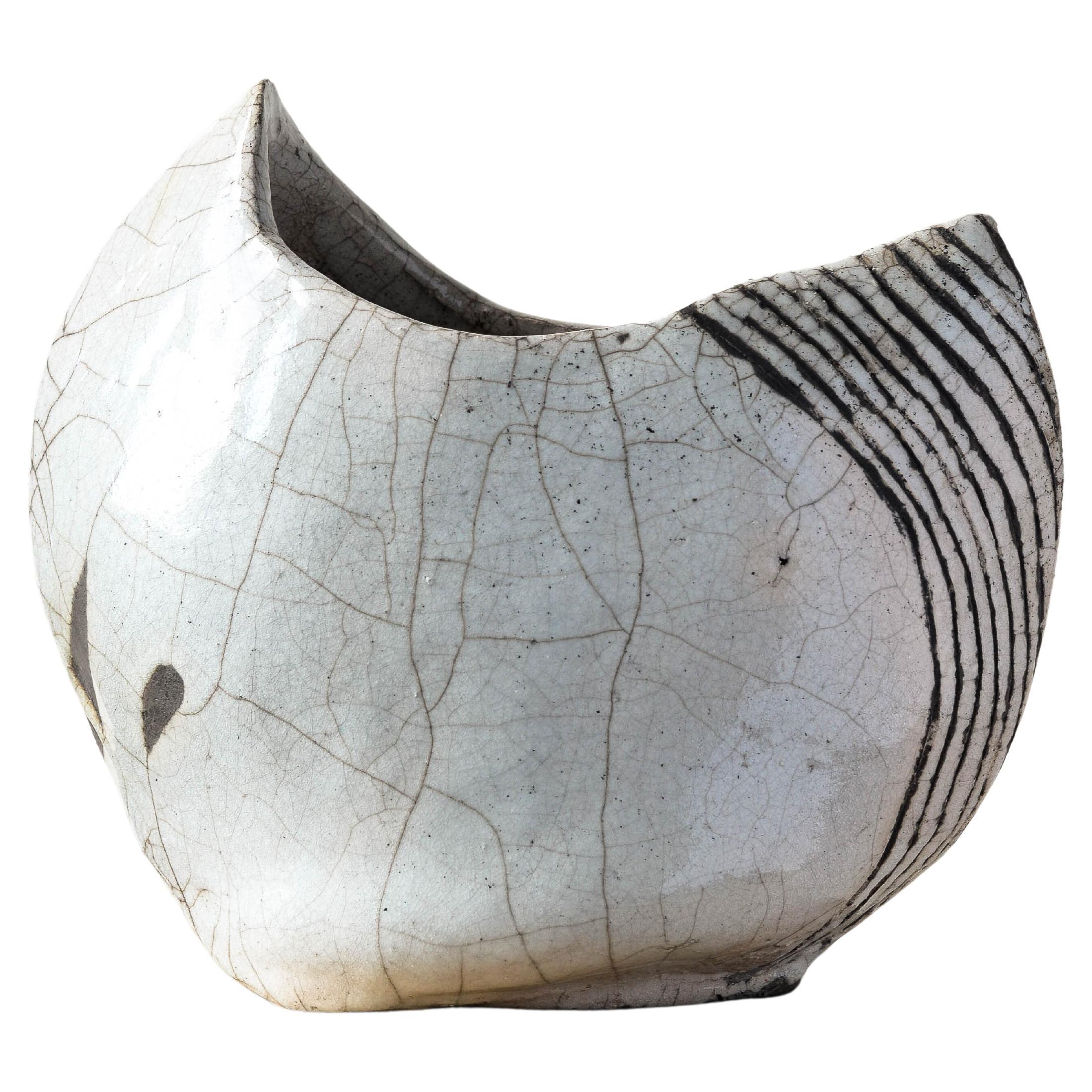 Raku Vase mid-century modern white and black ceramic For Sale