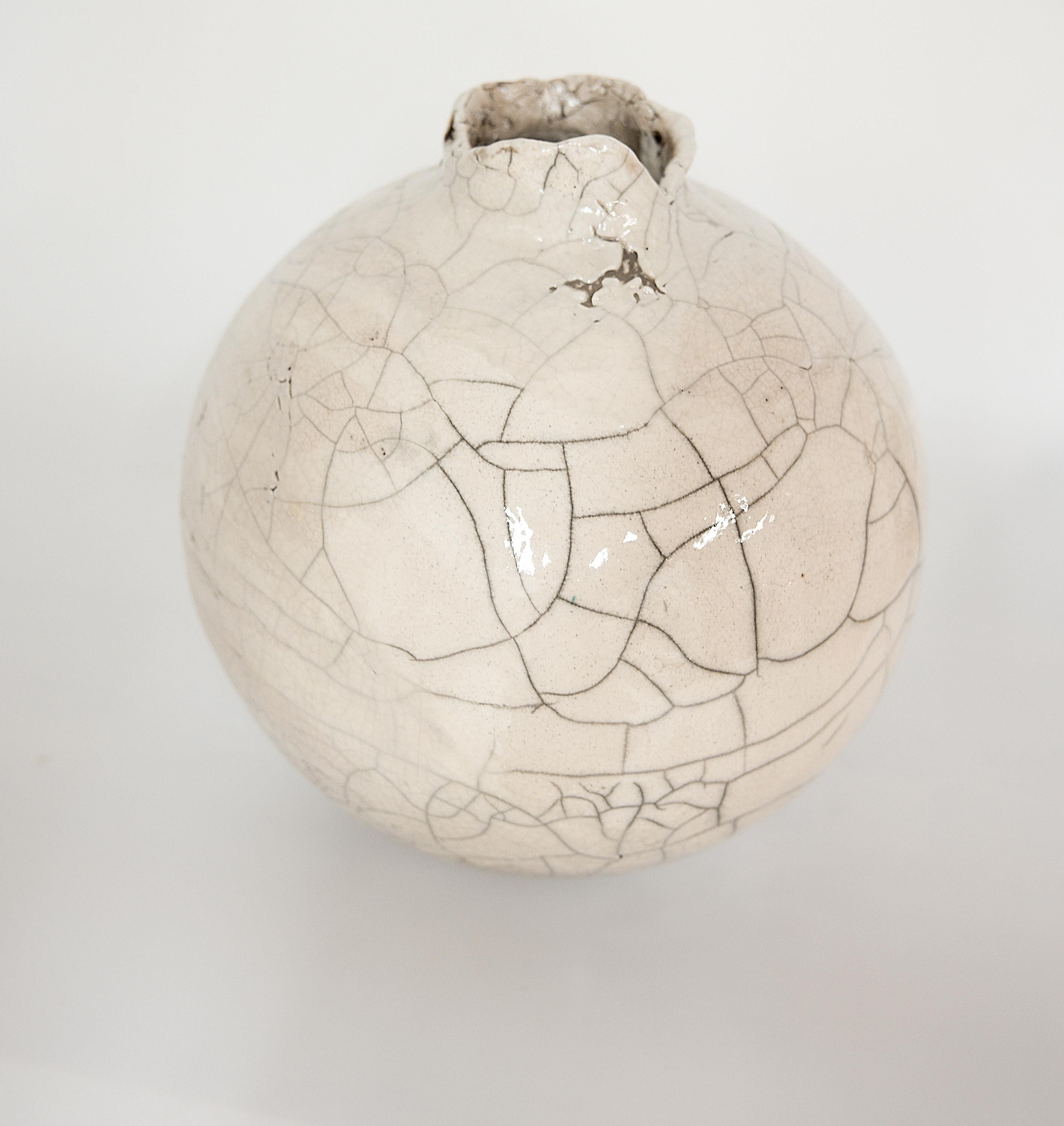 American  Raku White Crackle Moon Vase Handmade For Sale