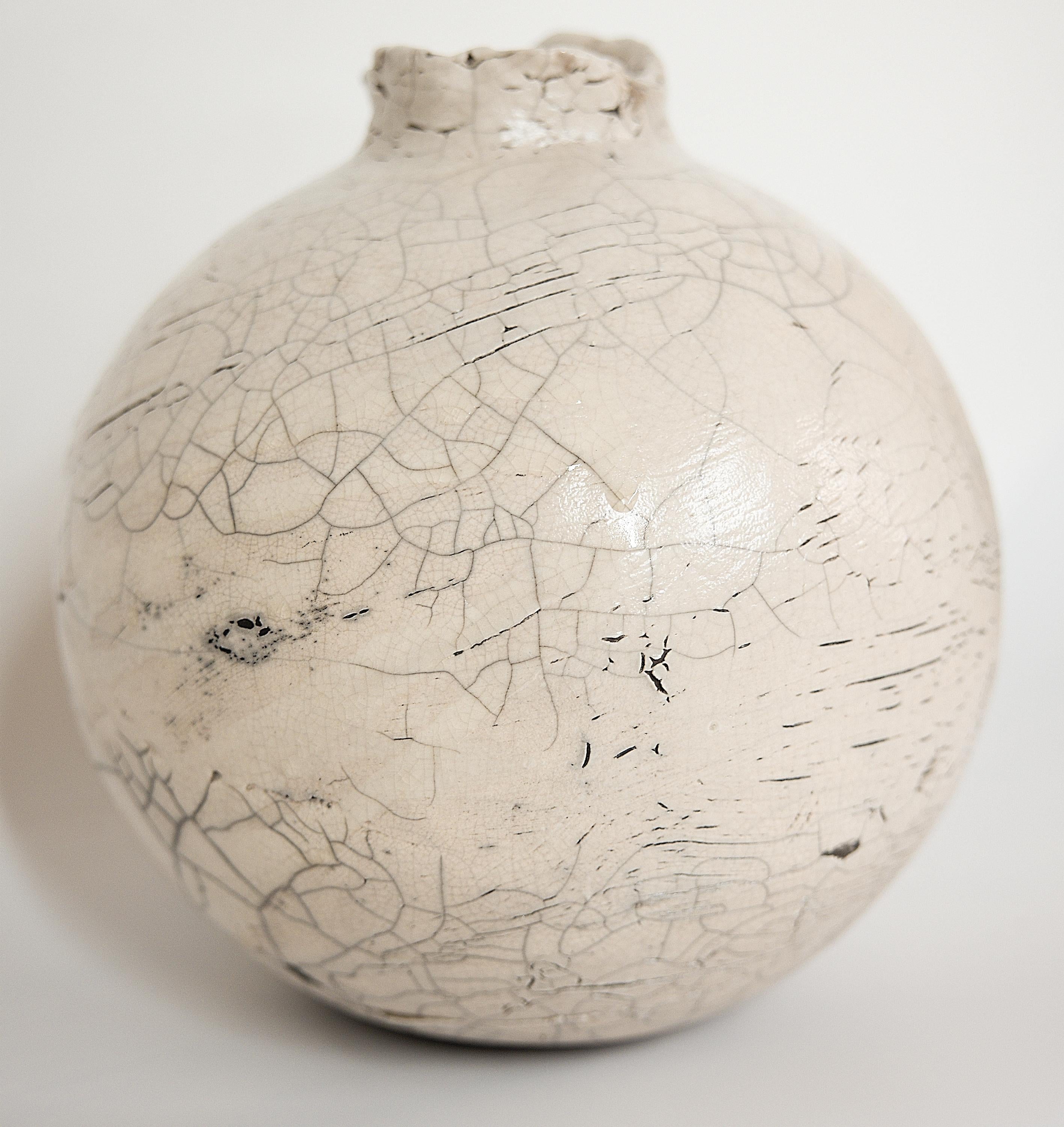 Contemporary  Raku White Crackle Moon Vase Handmade For Sale