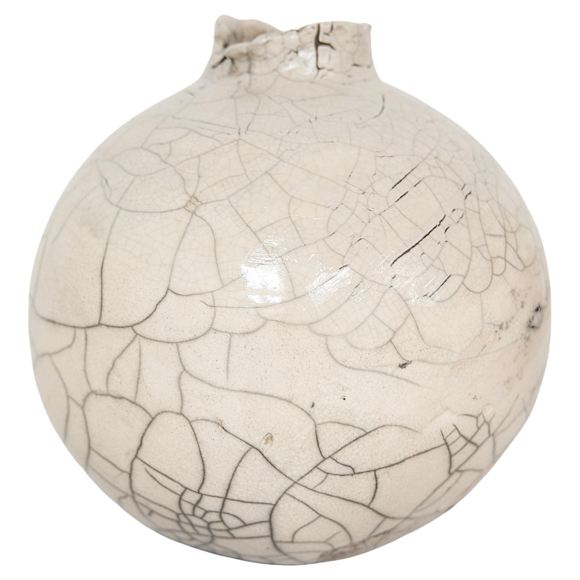  Raku White Crackle Moon Vase Handmade For Sale