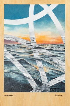 21st-Century Geometric Abstract Seascape, Oil on Plywood, Signed Original