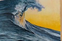 Ola con cresta a contraluz al atardecer, pequeño cuadro realista al óleo sobre madera