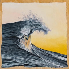 Ola con cresta a contraluz al atardecer, pequeño cuadro realista al óleo sobre madera