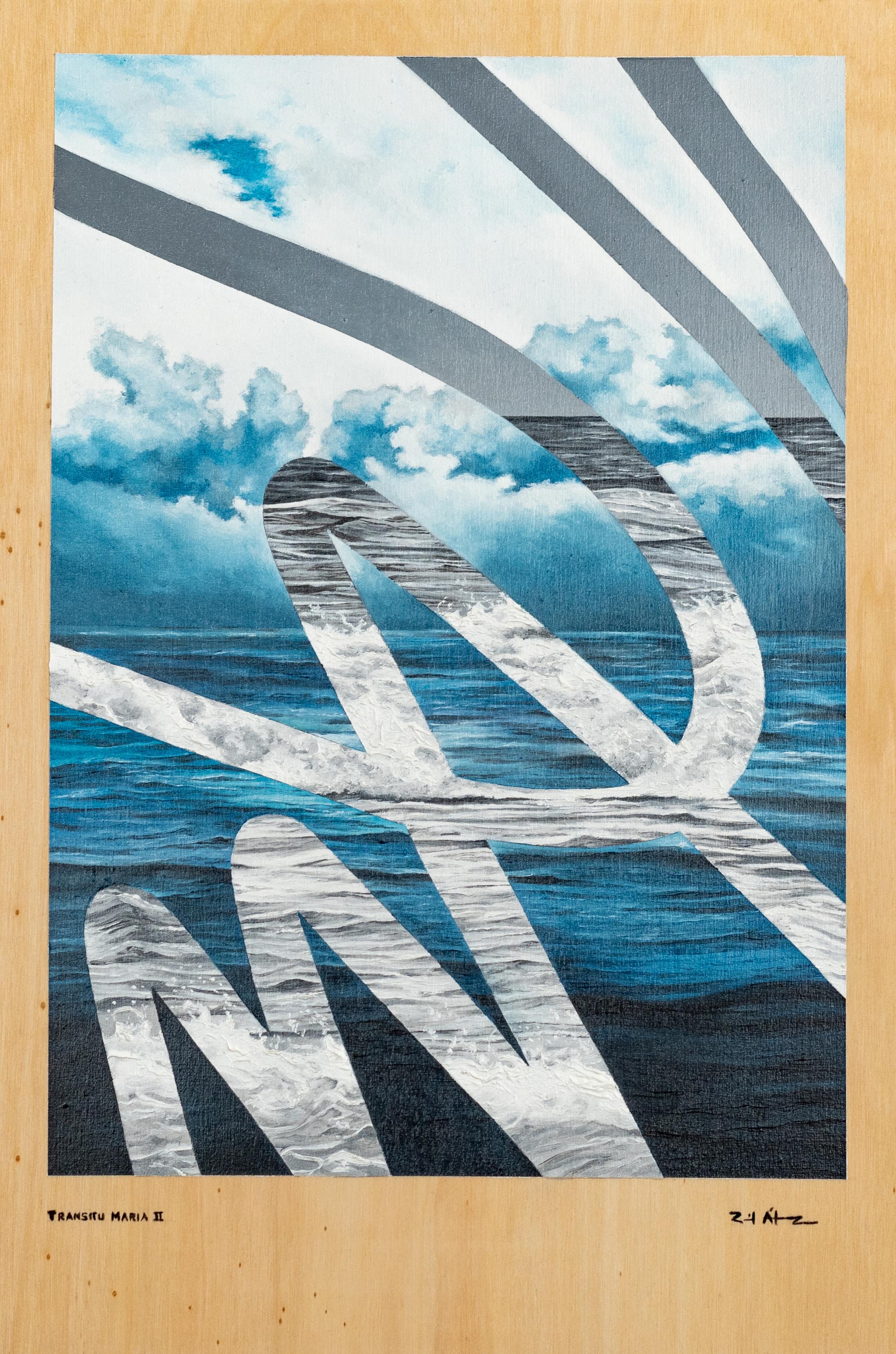 Paisajes marinos entrelazados en azul, pintura al óleo geométrica sobre madera, original firmado