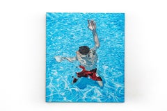 Blaues Schwimmbecken mit männlichem Schwimmer, figuratives Ölgemälde, Original