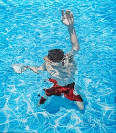 Blaues Schwimmbecken mit männlichem Schwimmer, figuratives Ölgemälde, Original