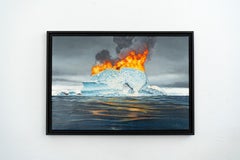 Burning Iceberg at Sea, Hyperrealist Surrealist Climate Change Oil Painting