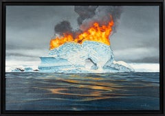 Burning Iceberg at Sea, Hyperrealist Surrealist Climate Change Oil Painting