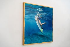 Surferin unter Wasser, blaues Sommer-Meeres-Sport-Surf-Gemälde, signiertes Original