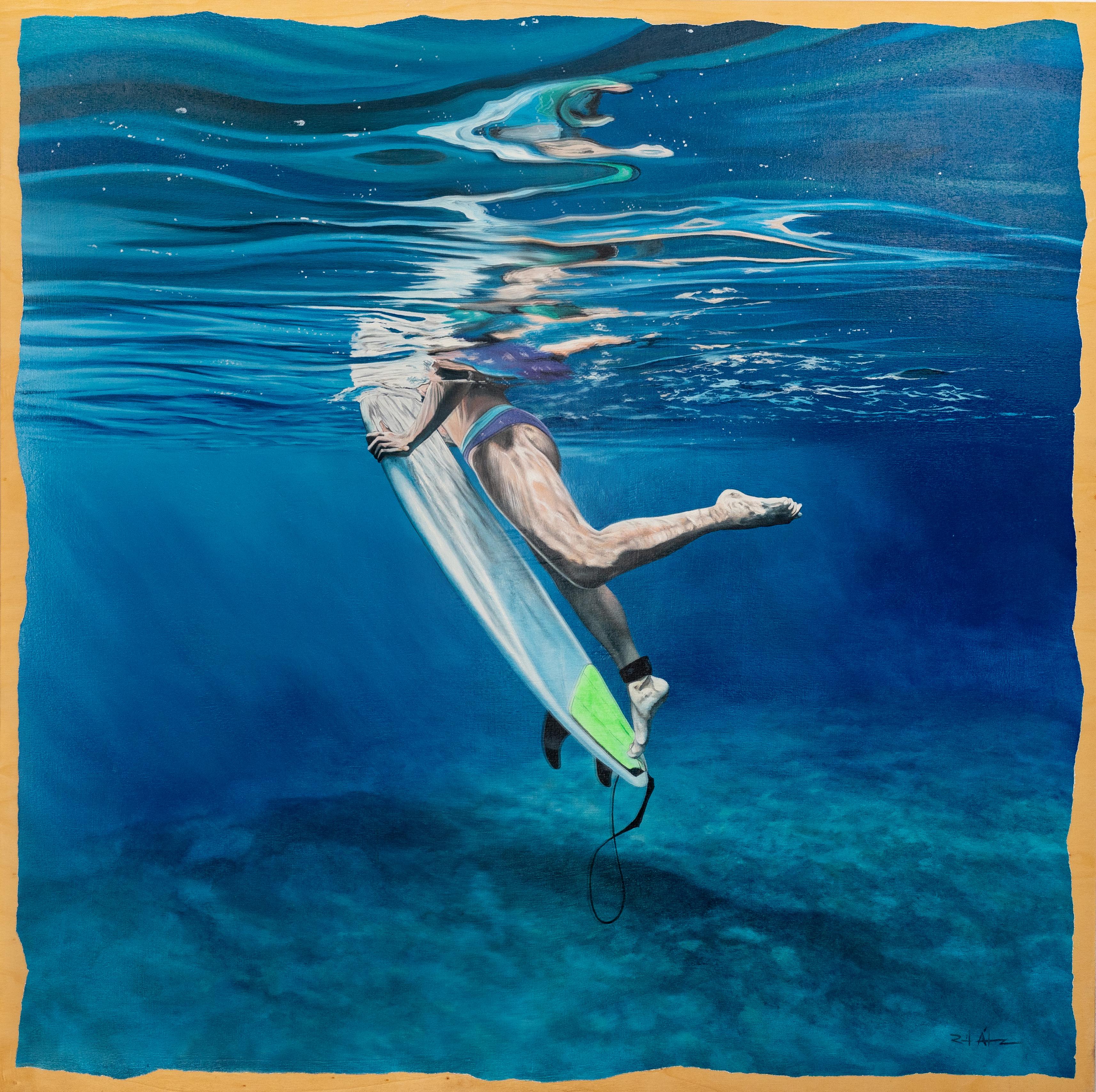 Female Surfer Underwater, Blue Summer Ocean Sport Surf Painting, Signed Original
