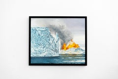 Glacier and Distant Fire, Climate Change Surrealist Arctic Seascape Oil Painting