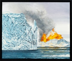 Glacier and Distant Fire, Climate Change Surrealist Arctic Seascape Oil Painting