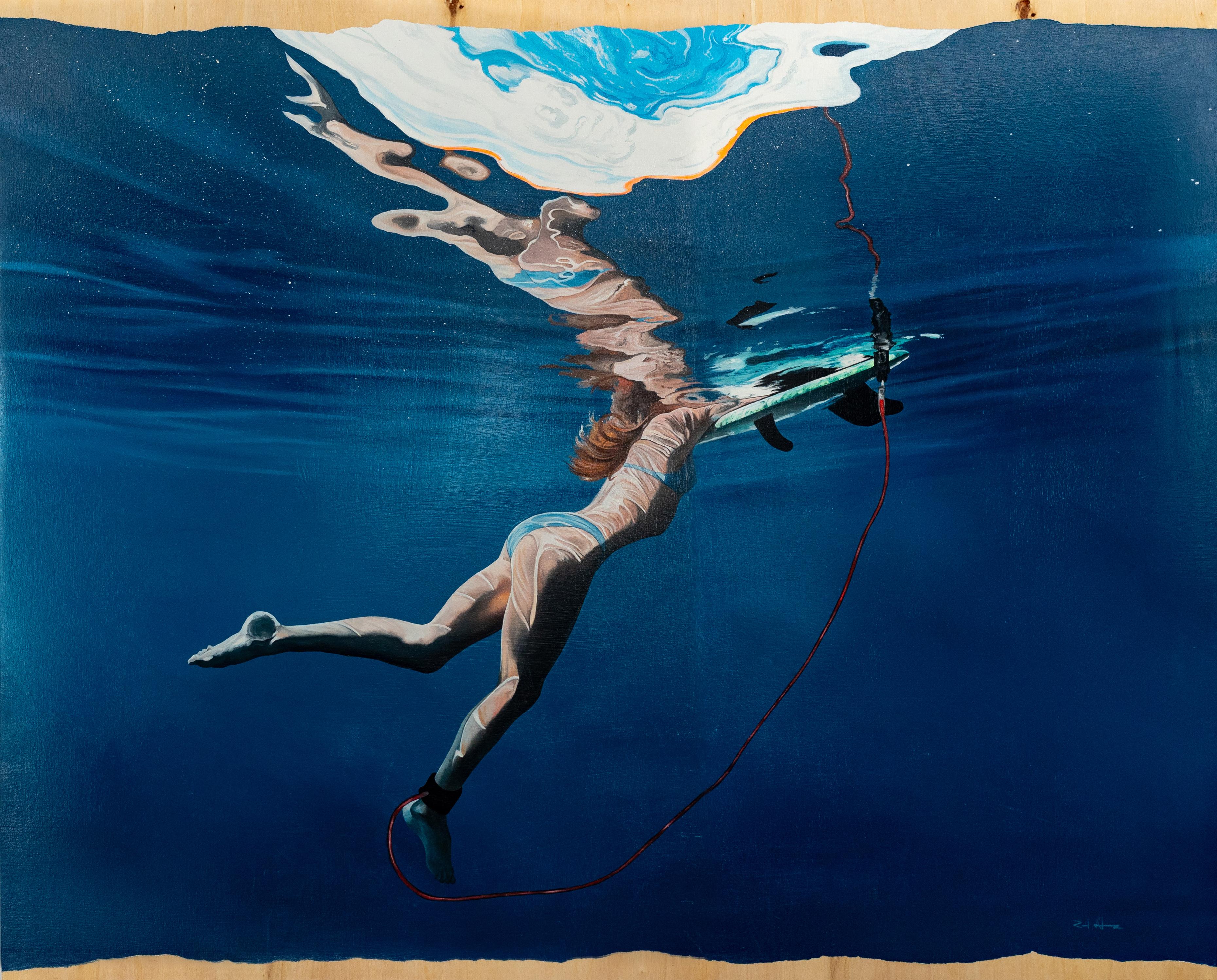 Raúl Álvarez Landscape Painting - Reflected Female Surfer, Deep Blue Underwater Figurative SportPainting, Original