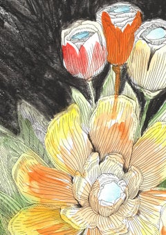 Fénix: Mixed Media Flowers Painting, Naturalistic Style, Framed, 2010+