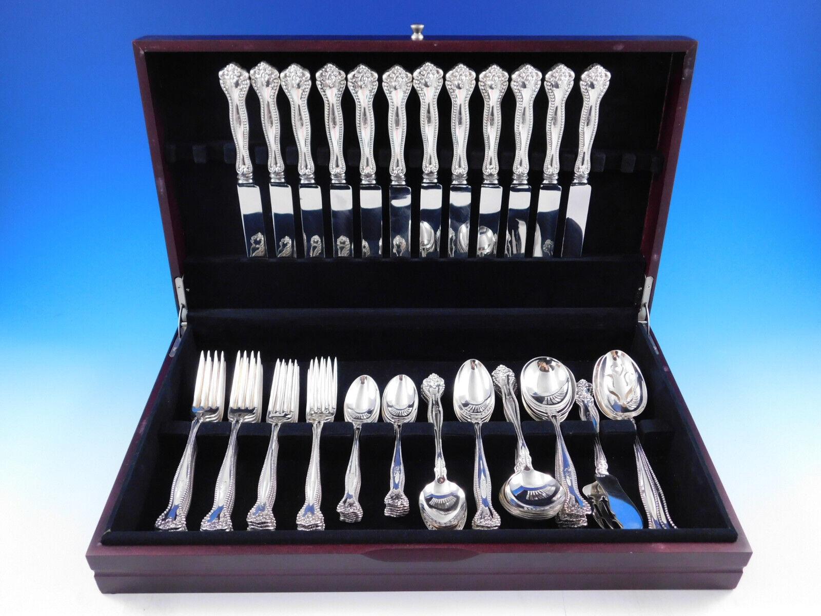 Rare Dinner Size Raleigh by Alvin c1900 sterling silver flatware set - 76 pieces. This set includes:

12 Dinner Knives w/blunt stainless blades, 9 5/8