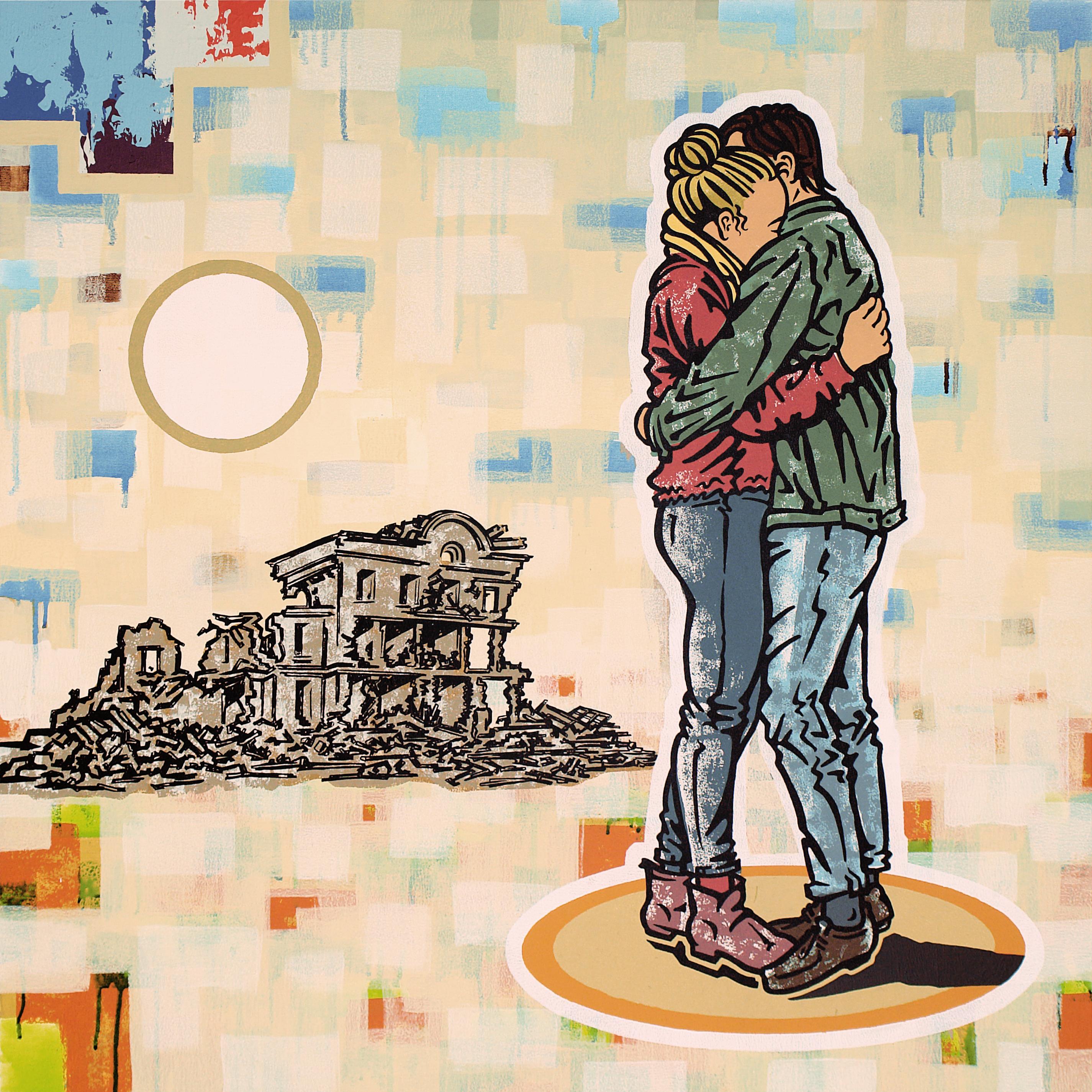 The painting shows a close embrace. In the background, you can see a destroyed house. Something has happened, something is broken, irretrievable. The couple supports each other in the shock of pain.

In his work, Ralf Schmidt combines elements of