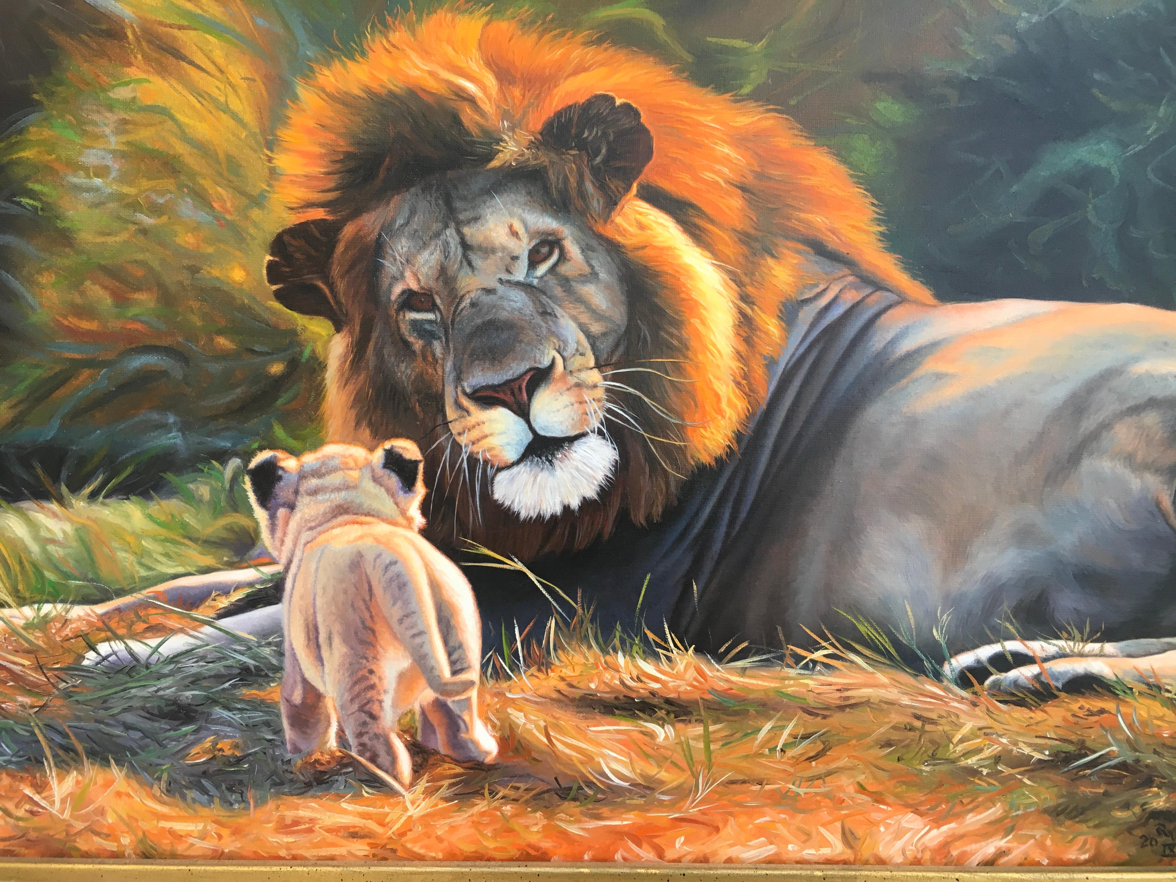 Hallo Papa - photorealistic animal painting  - Painting by Ralf Vieweg