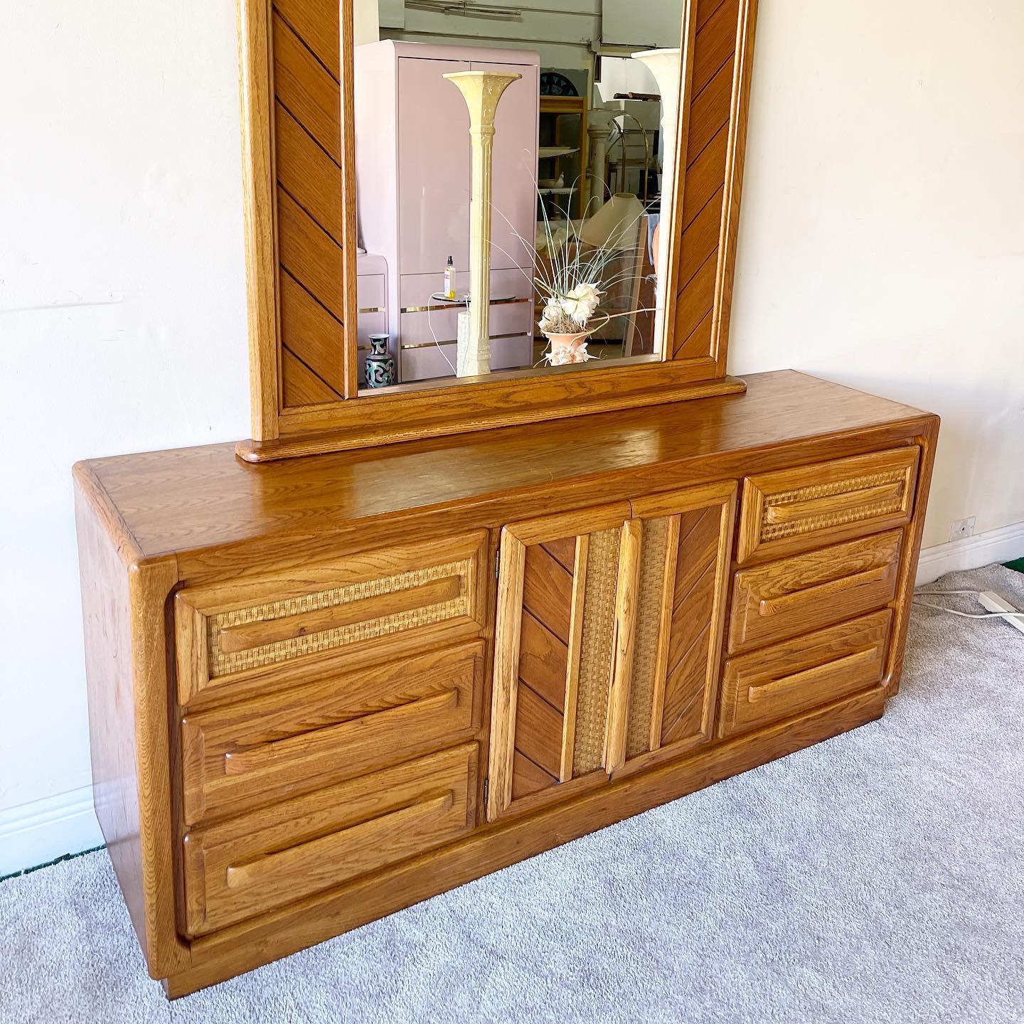 Mid-Century Modern Raliegh Road Oak and Wicker Paneled Dresser with Mirror, 9 Drawers