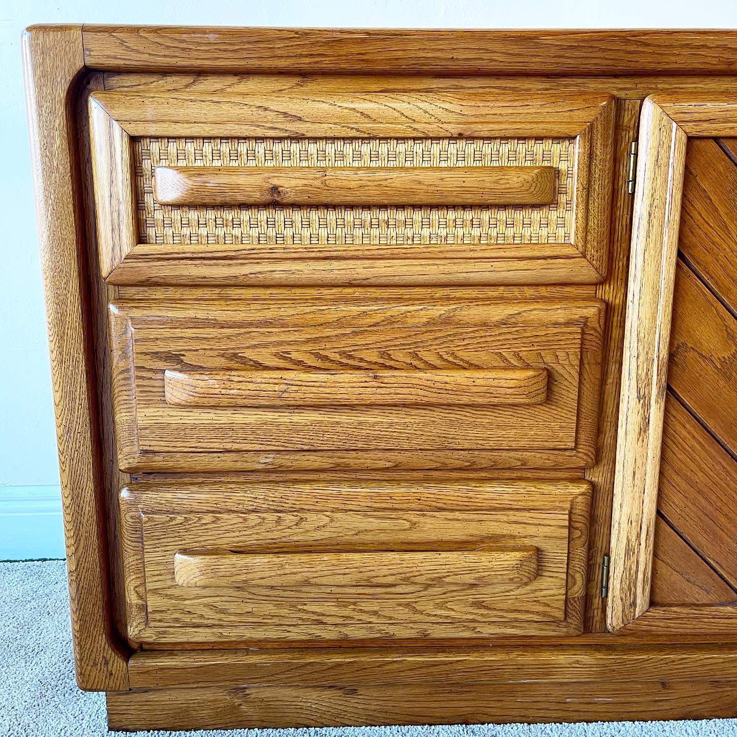 American Raliegh Road Oak and Wicker Paneled Dresser with Mirror, 9 Drawers