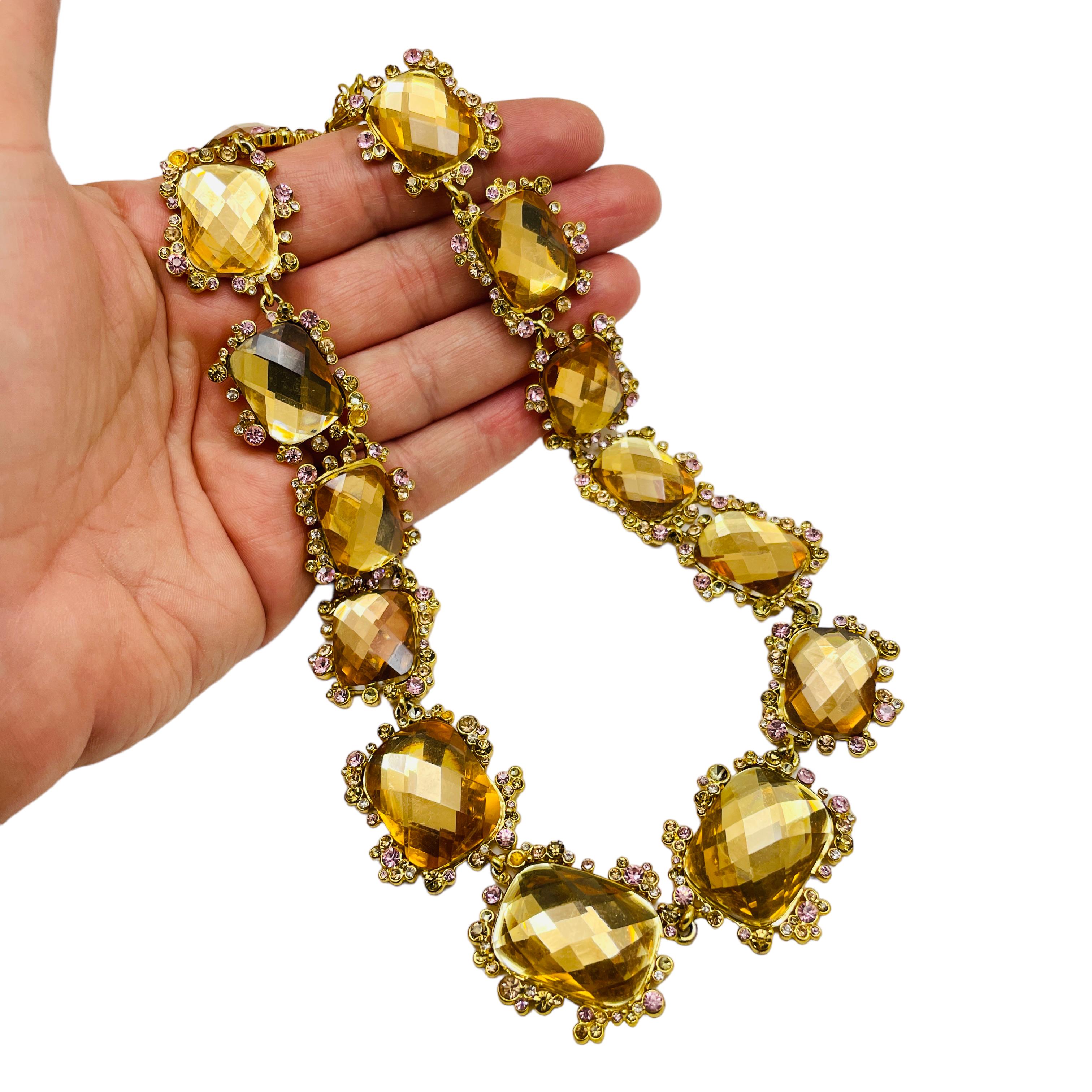 Women's or Men's RALP LAUREN signed vintage gold tone glass massive designer necklace For Sale