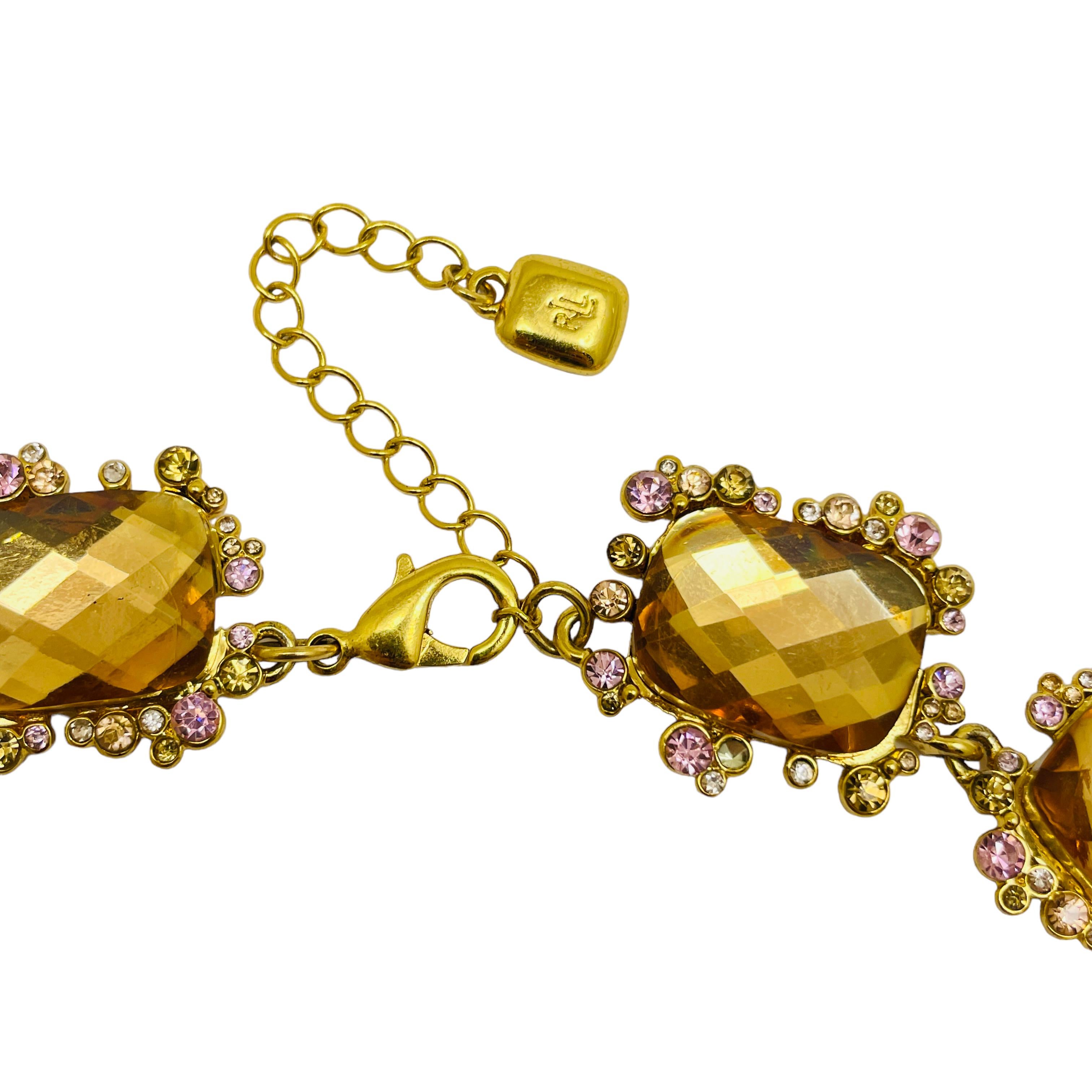 RALP LAUREN signed vintage gold tone glass massive designer necklace For Sale 2