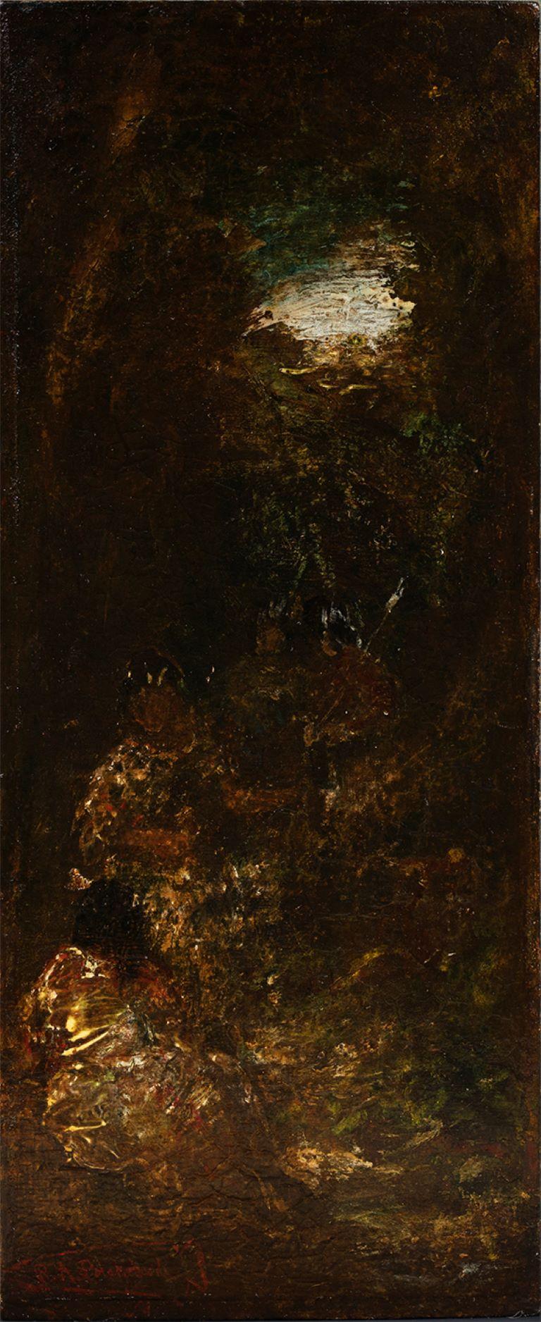 Ralph Albert Blakelock Landscape Painting - Four Native Americans in a Landscape