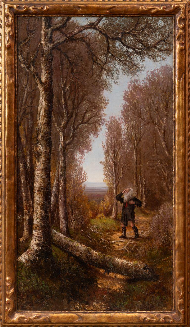 Ralph Albert Blakelock depicts a disoriented elderly man with a long white beard and hair on a forest path in his oil painting “Rip Van Winkle (The Hermit).”