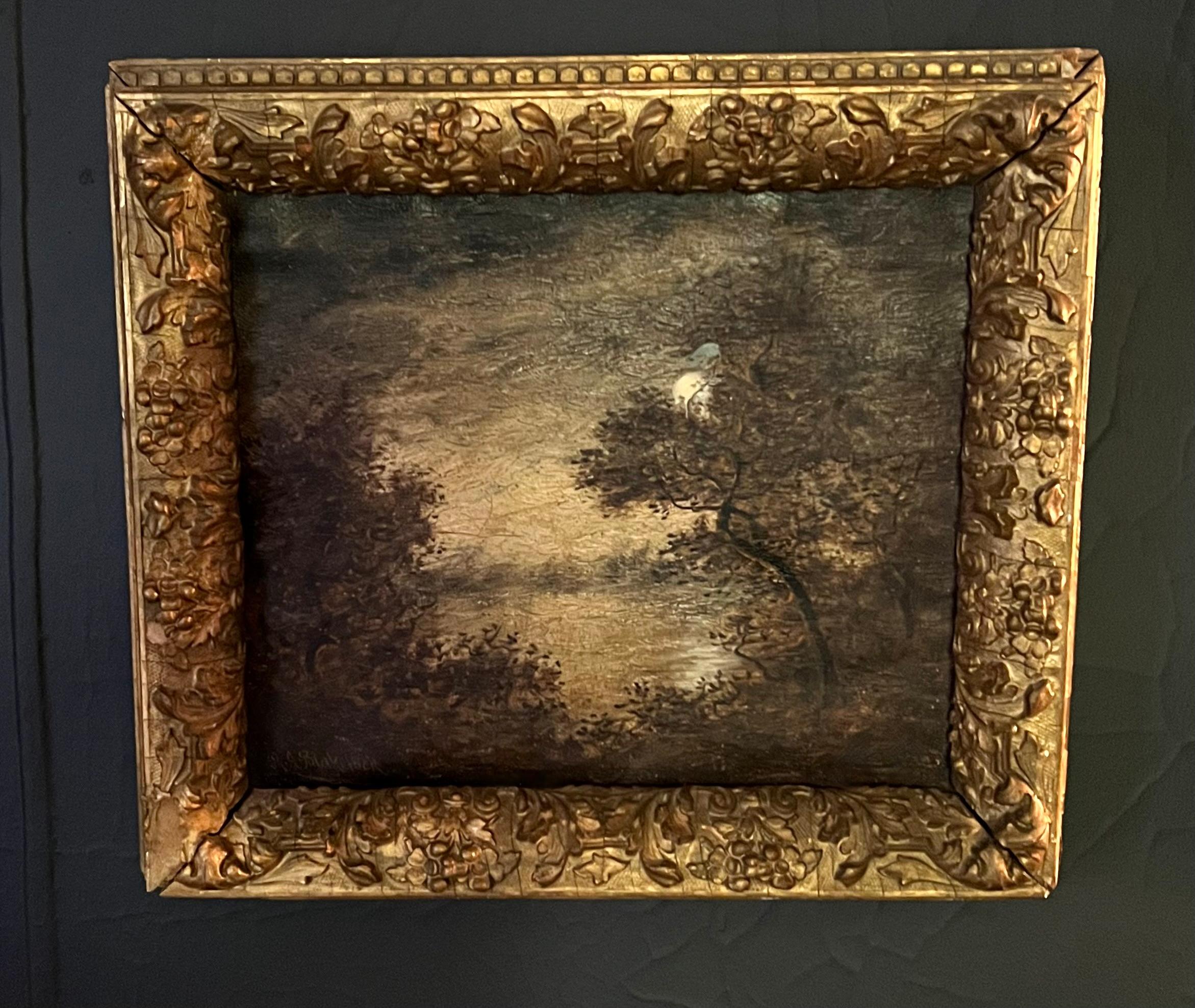 Oil on Canvas Painting by Ralph Albert Blakelock. Know for his landscapes, Blakelock ((1847-1919, American), in this landscape captures lush landscape peaking beyond an open space with the moon captured lighting the open path. 

An exquisite
