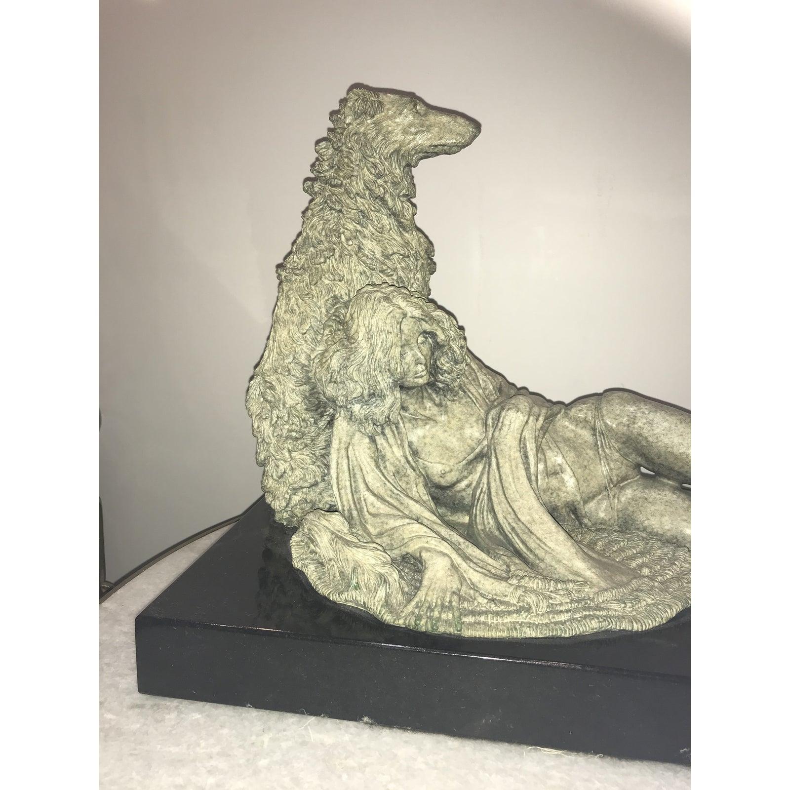  Bronze sculpture of lady with the Scottish Deer Hunter dog bronze comes with green patina
Standing on black granite stone the size of the stand
Massey’s extraordinary technical proficiency heightens the unusual combination of imagery in his work.
