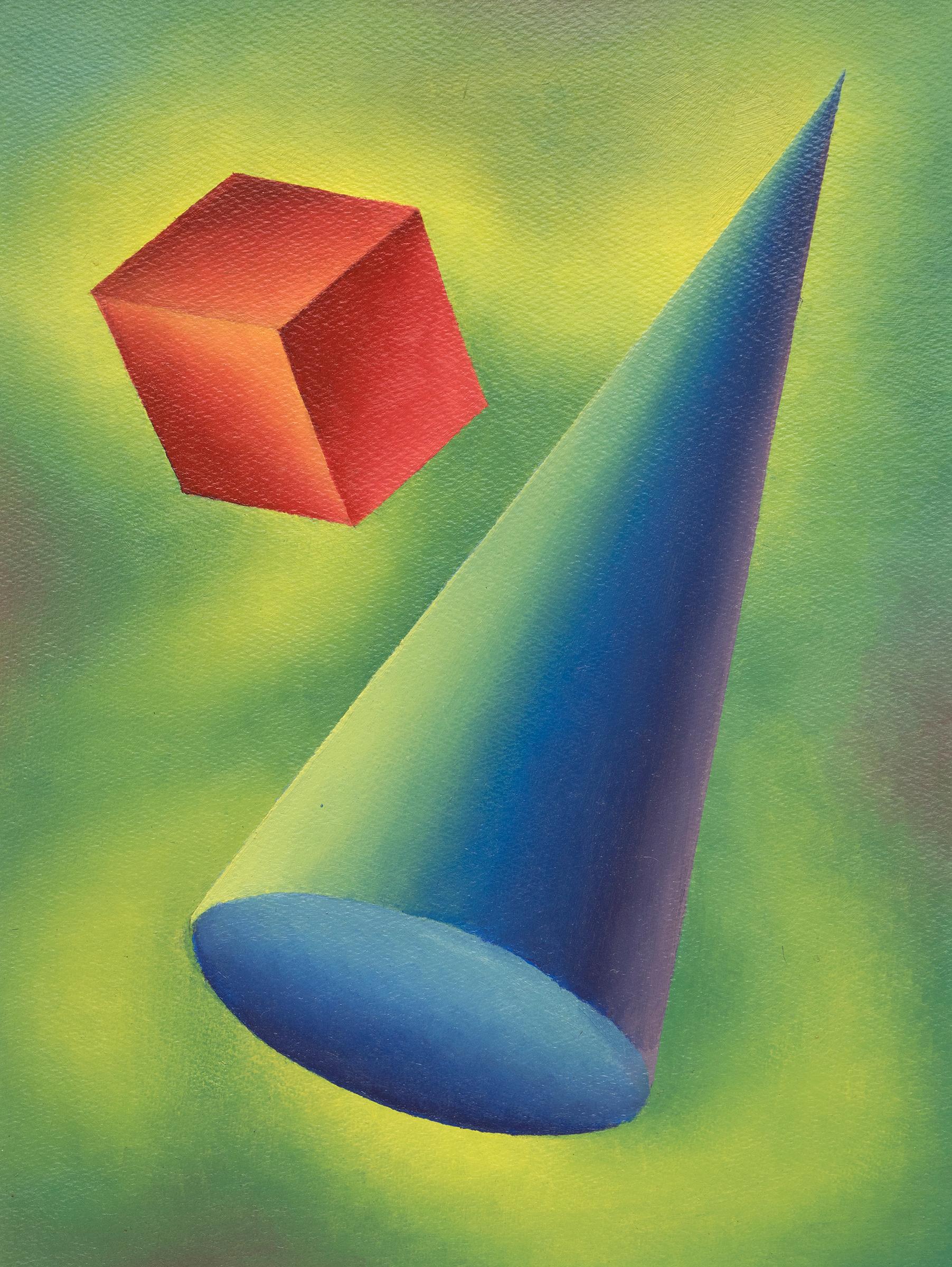 Pittura a olio geometrica astratta degli anni '40: Forma di base blu e verde con cornice #2 - Painting Astrattismo geometrico di Ralph Anderson