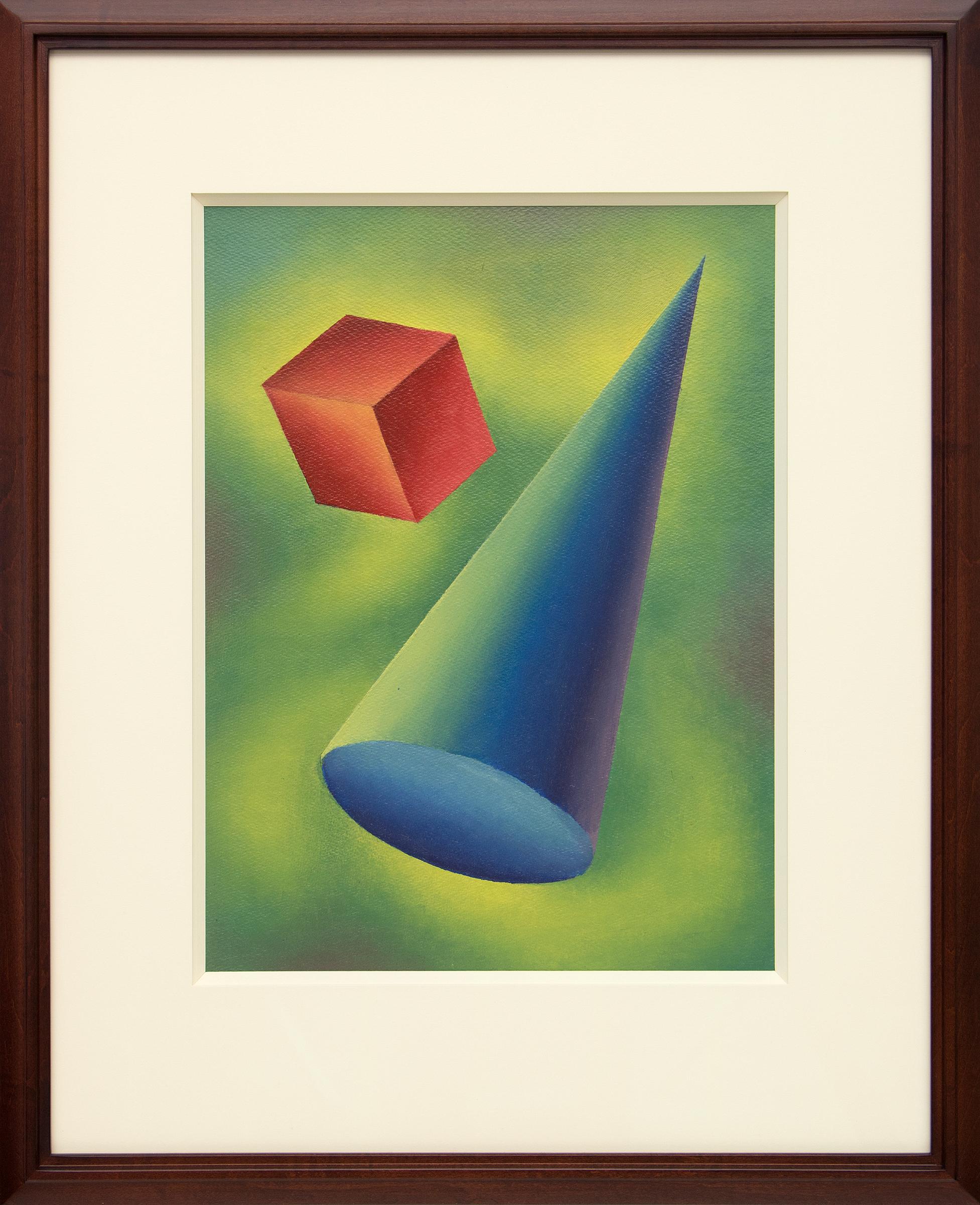 Pittura a olio geometrica astratta degli anni '40: Forma di base blu e verde con cornice #2 - Painting di Ralph Anderson