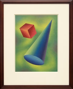 Pintura al óleo abstracta geométrica de los años 40: Forma básica azul y verde enmarcada nº 2