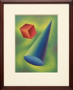 Basic Form Problem #2, gerahmtes blaues, grünes abstraktes geometrisches Ölgemälde, 1940er Jahre 