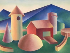 1940s Abstracted Geometric Mountain Farm Landscape Painting by Ralph Anderson