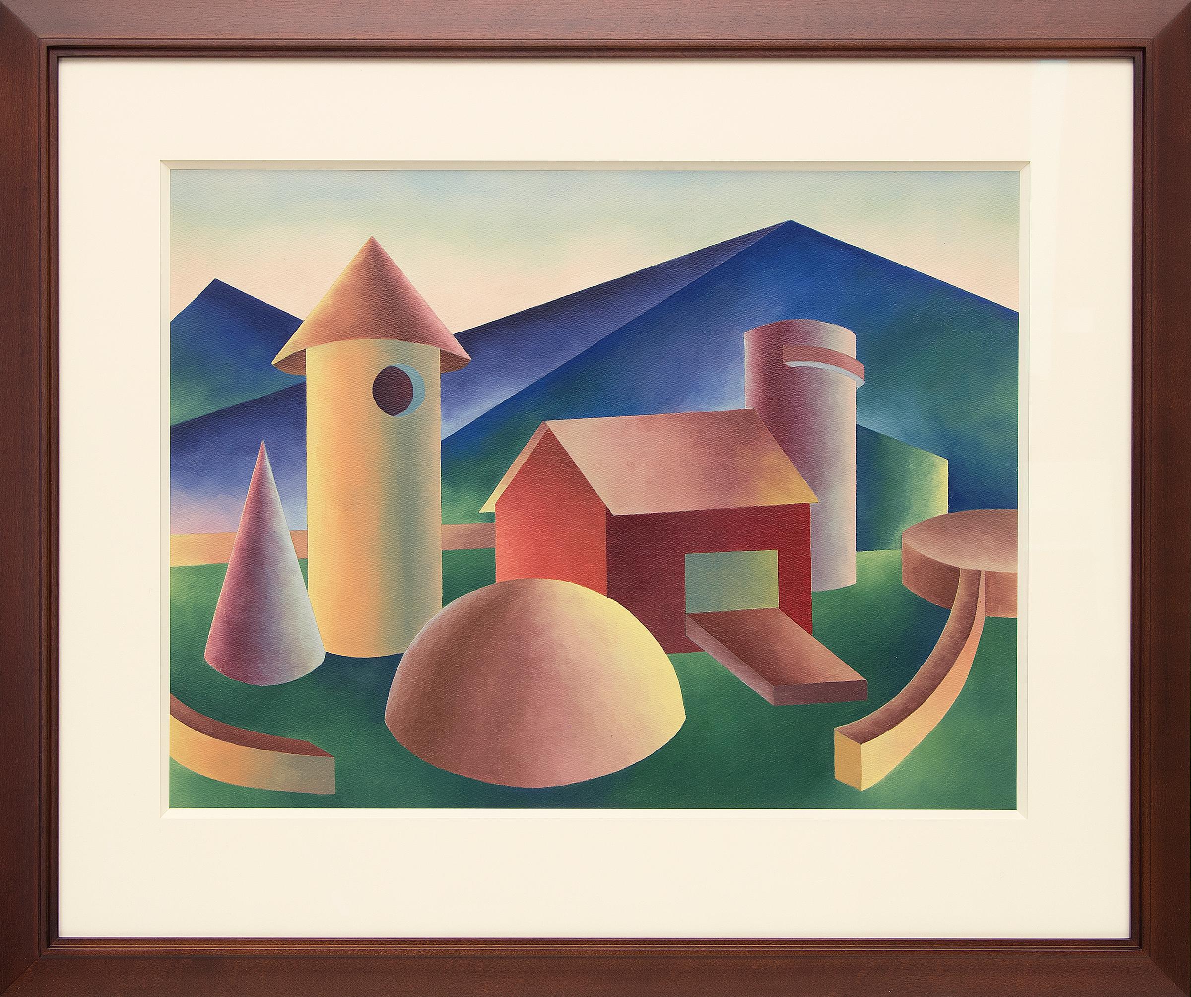 1940s Abstracted Geometric Mountain Farm Landscape Painting by Ralph Anderson