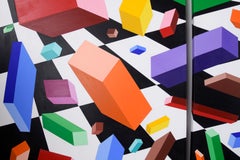 Pieces Falling into Place - Op-Art géométrique en acrylique sur toile (Triptyque)