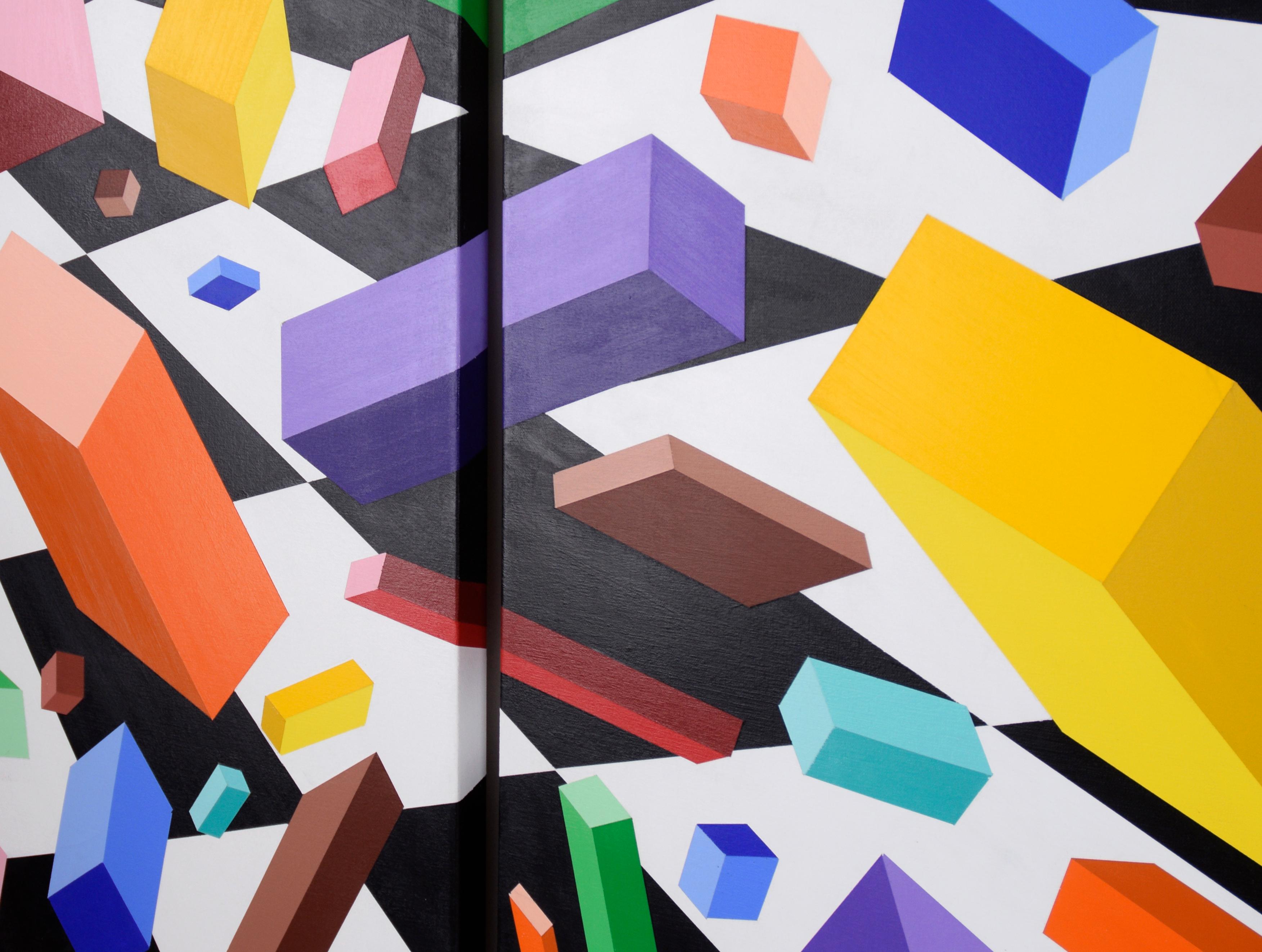 Pieces Falling into Place - Geometric Op-Art in Acrylic on Canvas (Triptych) - Op Art Painting by Ralph Berko