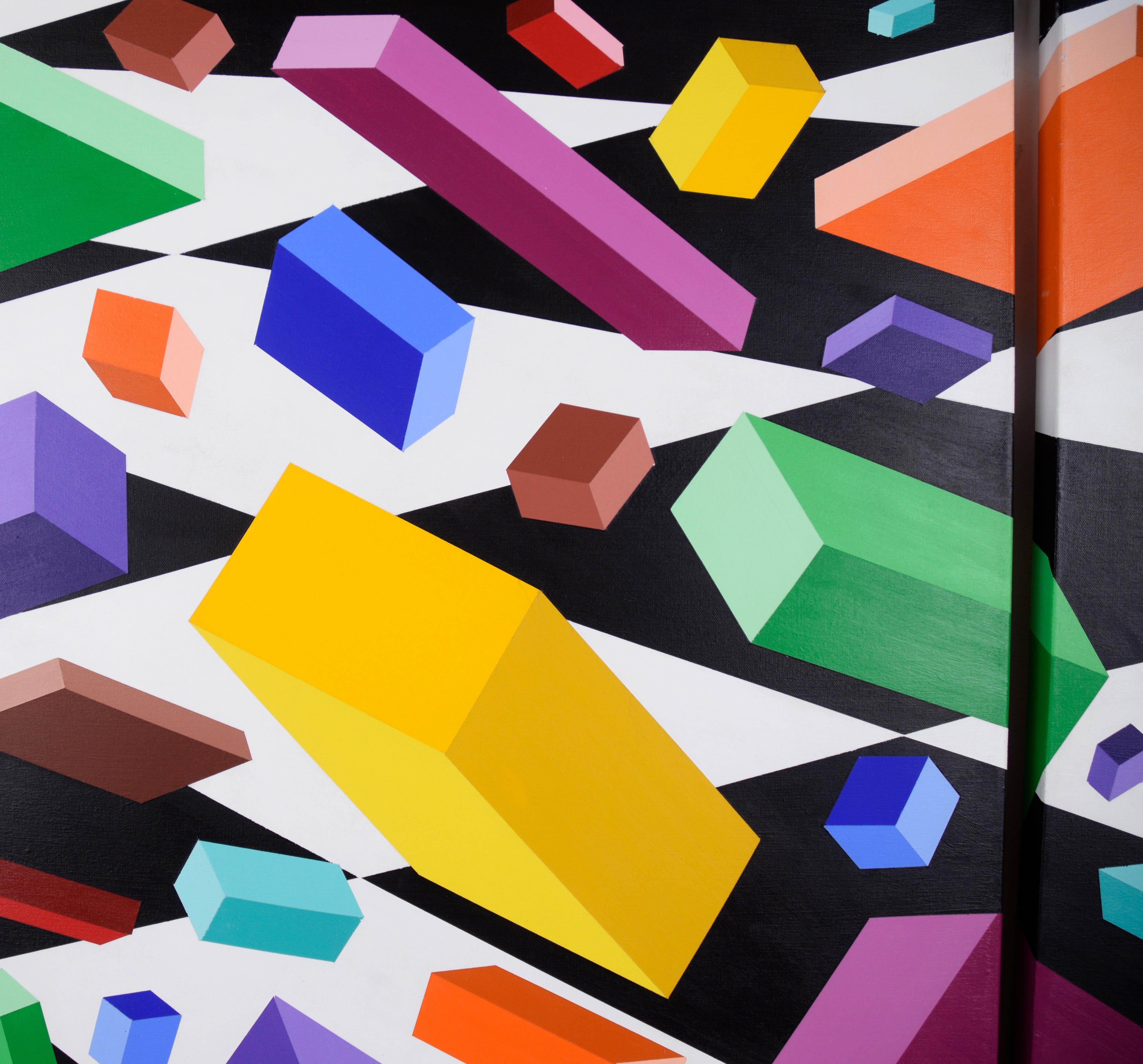 Pieces Falling into Place - Geometric Op-Art in Acrylic on Canvas (Triptych) - Beige Abstract Painting by Ralph Berko